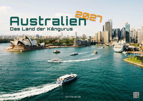 „Australien 2027: Das Land der Kängurus“. Skyline von Sydney mit Opernhaus, Booten im Hafen.