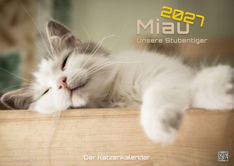 2027 Miau Unsere Stubentiger. Der Katzenkalender. Eine schlafende Katze auf einem Holzbrett.