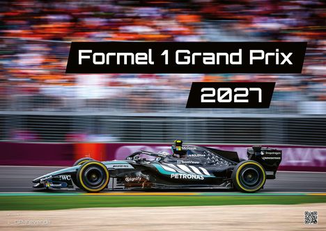 "Formel 1 Grand Prix 2027" vor rasendem schwarzem Rennwagen auf Rennstrecke, Zuschauertribüne im Hintergrund.