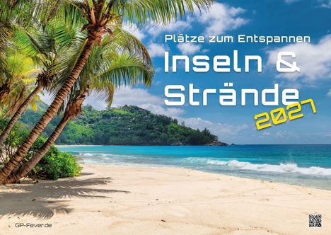 Texte: "Plätze zum Entspannen", "Inseln & Strände 2027". 

Palmenstrand mit türkisblauem Meer und grünem Hügel im Hintergrund.