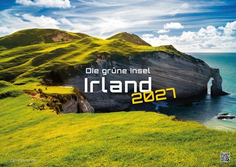 „Die grüne Insel Irland 2027.“ Weite grüne Hügel vor steilen Klippen, dahinter blaues Meer und Himmel.