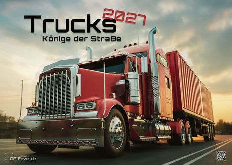"Trucks 2027: Könige der Straße" über großem, glänzendem roten LKW, der auf Straße fährt. QR-Code unten rechts.