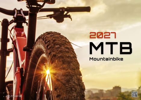 Text: "2021 MTB Mountainbike". Nahaufnahme eines Fahrrads mit Sonnenuntergang im Hintergrund. qr-code unten rechts.