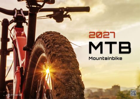 Text: "2027 MTB Mountainbike". Ein Mountainbike mit einem großen Reifen, Sonnenaufgang oder -untergang im Hintergrund.