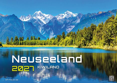 Text: Neuseeland 2027 KIWILAND. QR-Code unten rechts. Hintergrund: See, Wälder und schneebedeckte Berge.