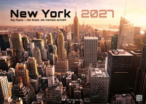 „New York 2027“, „Big Apple – Die Stadt, die niemals schläft“. Skyline von New York bei Sonnenuntergang.