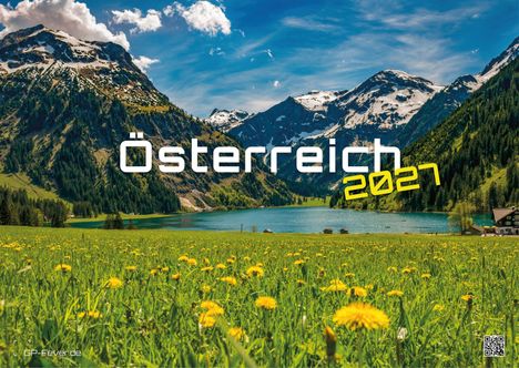 Text: "Österreich 2021". Eine idyllische Alpenszene mit grüner Wiese, gelben Blumen, Bergen und einem See.