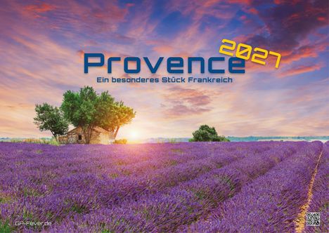 „Provence 2027: Ein besonderes Stück Frankreich.“ Ein Lavendelfeld mit einem Haus und Bäumen im Sonnenuntergang.