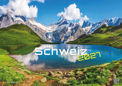 Schweiz 2027 in weiß, gelb auf Landschaft mit See, grünen Hügeln, schneebedeckten Bergen, blauem Himmel und Wolken.