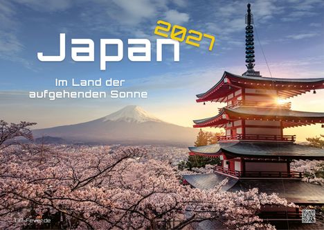 Text: "Japan 2027, Im Land der aufgehenden Sonne". Ein traditioneller Pagodenturm vor Berg und Kirschblüten.