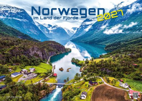 "Norwegen 2021, Im Land der Fjorde" oben auf einer Landschaft mit Fjord, Bergen, Fluss und verstreuten Häusern.