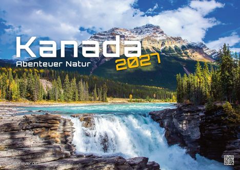 Texte: "Kanada Abenteuer Natur 2027". Wasserfall, Wald, Berg und Himmel mit Wolken. Links unten QR-Code.