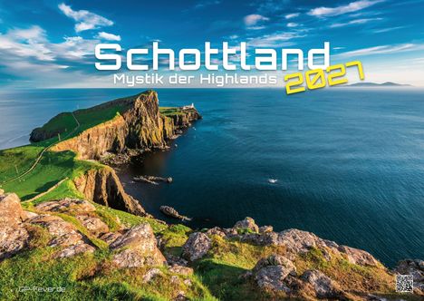 „Schottland 2027, Mystik der Highlands“. Klippen und Leuchtturm an der Küste unter einem blauen Himmel.