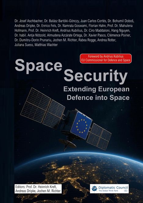 Titel: "Space Security: Extending European Defence into Space". Satellit mit EU-Flagge über beleuchteter Erdkugel. Logos unten.
