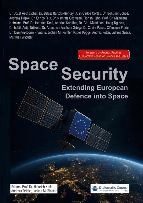 Titel: Space Security. Untertitel: Extending European Defence into Space. Im Hintergrund ein Satellit über Europa.