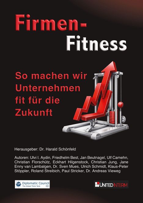 "Firmen-Fitness: So machen wir Unternehmen fit für die Zukunft." Herausgeber: Dr. Harald Schönfeld. Illustration: Fitnessgerät.