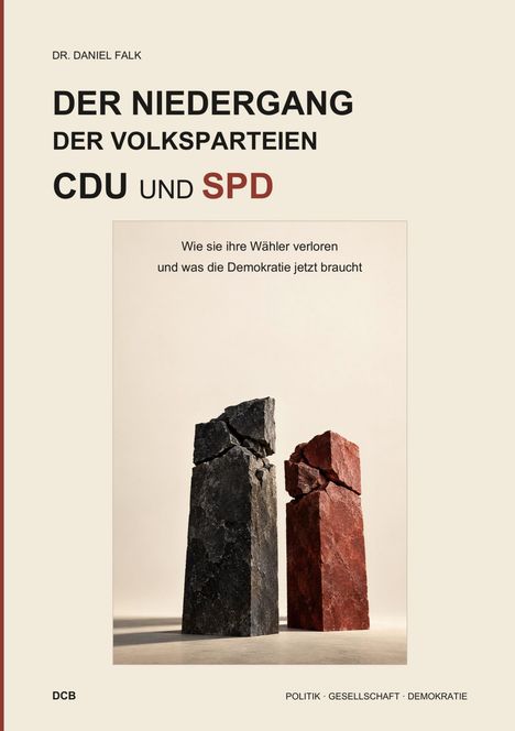 Titel: "Der Niedergang der Volksparteien CDU und SPD". Zwei bröckelnde Steinsäulen.
