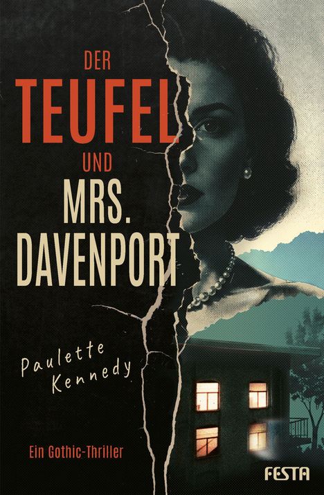 „Der Teufel und Mrs. Davenport“ in roter und beiger Schrift, mit einem gespaltenen Gesicht einer Frau und einem beleuchteten Haus.