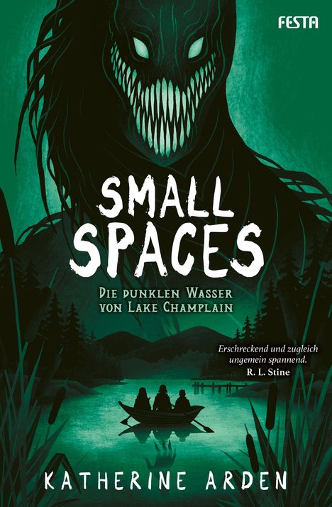 "Small Spaces: Die dunklen Wasser von Lake Champlain" in großer Schrift. Eine düstere Kreatur über einem See mit Boot.