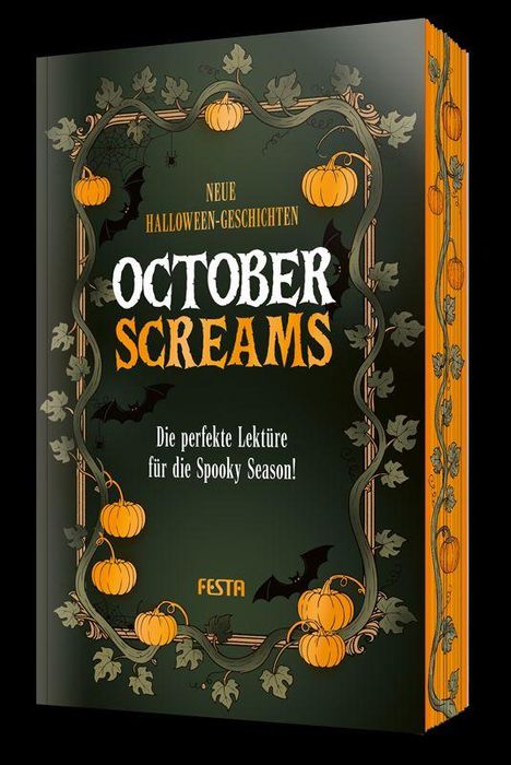 "Neue Halloween-Geschichten. October Screams. Die perfekte Lektüre für die Spooky Season! Illustration mit Kürbissen."