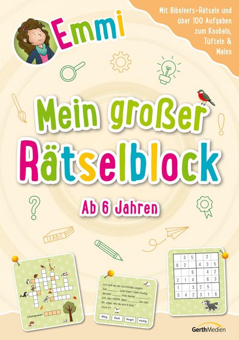 Emmi, Mein großer Rätselblock, Ab 6 Jahren. Bunte Schrift, kindliche Illustrationen, Rätselaufgaben, Tiere. GerthMedien-Logo.