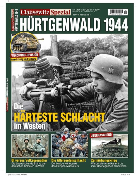 "HÜRTGENWALD 1944" in großen weißen Buchstaben. Ein altes Foto von Soldaten mit Maschinengewehr im Hintergrund.
