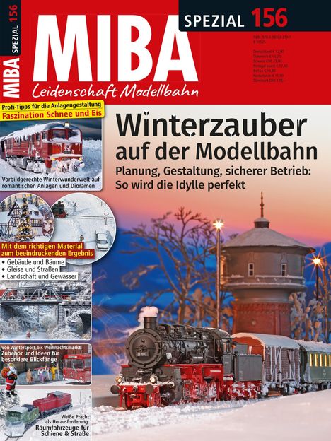 Titel: "MIBA Spezial 156". Artikelschlagzeile: "Winterzauber auf der Modellbahn". Bild zeigt eine winterliche Modellbahnszene.