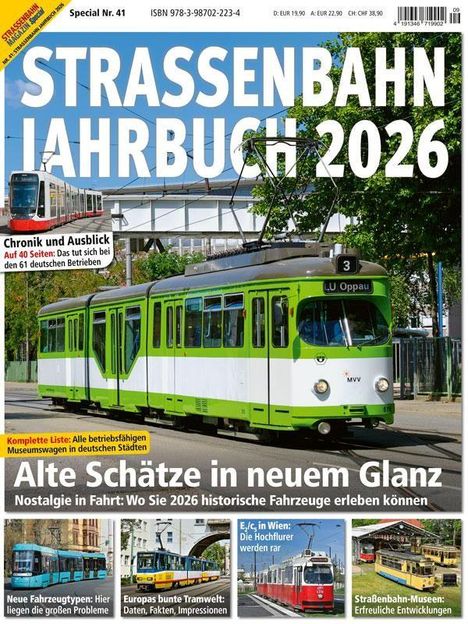 Text: "STRASSENBAHN JAHRBUCH 2026. Alte Schätze in neuem Glanz." Abbildung eines grünen historischen Straßenbahnwagens.
