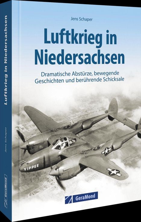 "Luftkrieg in Niedersachsen" von Jens Schaper. Flugzeug im Himmel, blaues Logo rechts unten.