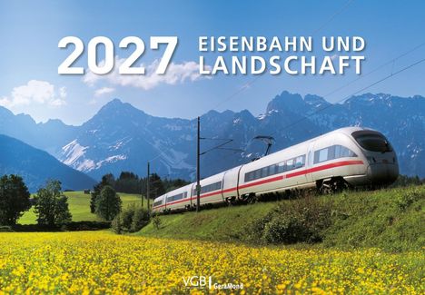 "2027 Eisenbahn und Landschaft". Ein moderner Zug fährt durch eine grüne Landschaft vor majestätischen Bergen.