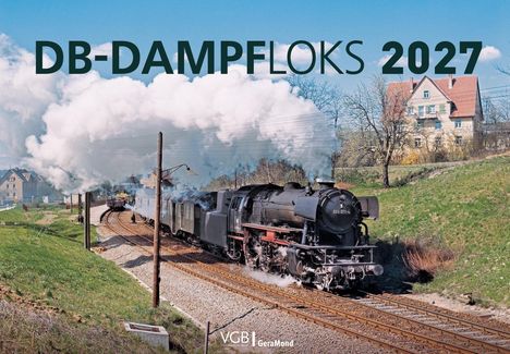 Oben steht "DB-DAMPFLOKS 2027". Darunter fährt eine schwarze Dampflokomotive auf einem Gleis durch eine grüne Landschaft.