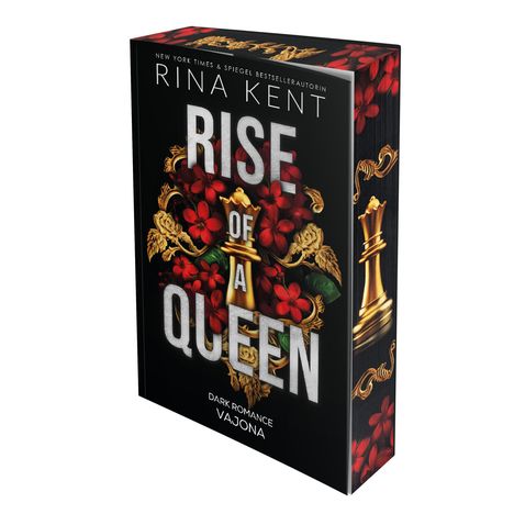 Buchtitel: "Rise of a Queen". Goldene Schachfigur umgeben von roten Blumen und Ornamenten.