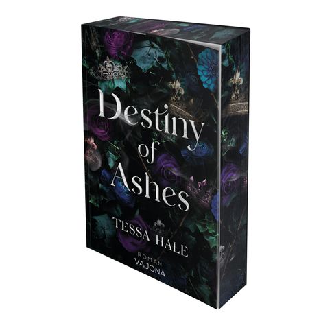 "Destiny of Ashes" von Tessa Hale, Roman Vajona. Dunkle, florale Illustration mit violetten und blauen Blumen.