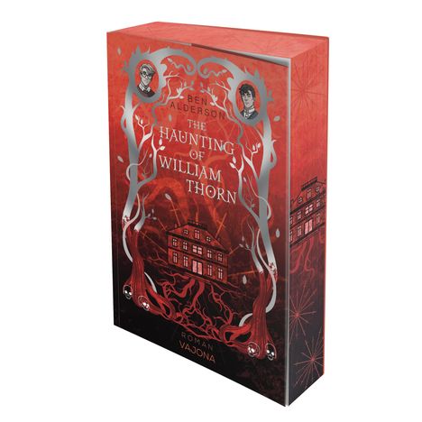 Buchcover: "The Haunting of William Thorn" von Ben Alderson. Illustration zeigt ein Haus mit Bäumen und zwei Porträts.