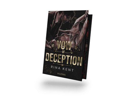 "VOW OF DECEPTION", "RINA KENT", "VAJONA". Ein Paar in inniger Pose auf schwarzem Hintergrund.