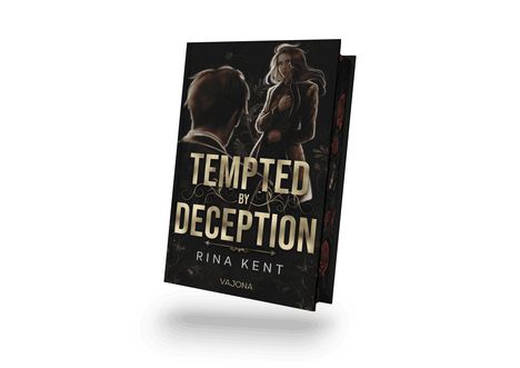 „TEMPTED BY DECEPTION“ von Rina Kent. Illustration: Mann und Frau stehen sich ernst gegenüber.