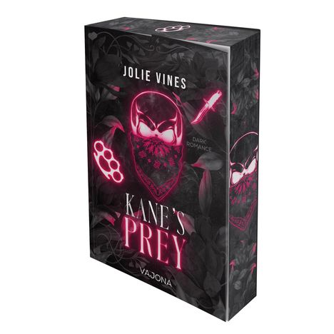 "Kane's Prey" von Jolie Vines, Dark Romance. Schwarzes Design mit neonpinkem Totenkopf, Messer und Schlagring.