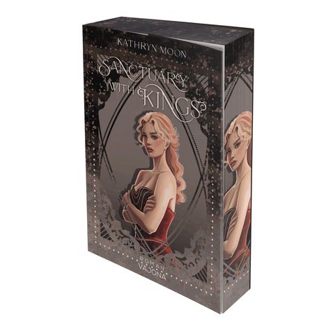 Titel: SANCTUARY WITH KINGS. Autor: Kathryn Moon. Roman. Illustration einer Frau mit langen Haaren im roten Kleid.