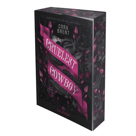 "Cruelest Cowboy", rosa Schrift auf dunklem Hintergrund, schwarze Cowboy-Hut-Illustration, umgeben von rosa Blumen.