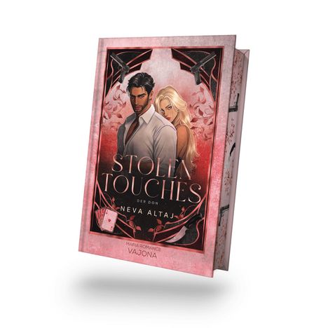 Text: "STOLEN TOUCHES, DER DON, NEVA ALTAJ, MAFIA ROMANCE, VAJONA." Illustration von zwei Personen vor rotem Hintergrund.