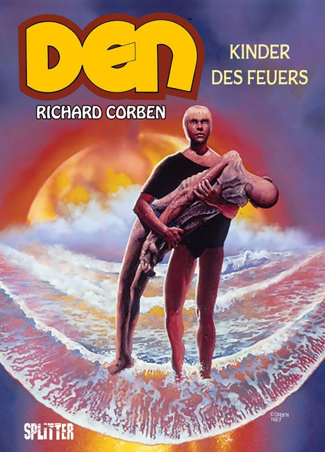 „DEN“, „Richard Corben“, „Kinder des Feuers“. Eine Person trägt eine andere vor einem fantastischen Sonnenuntergang.