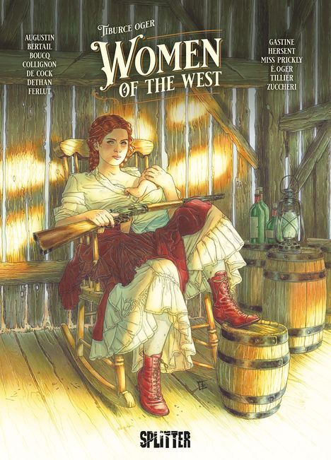 „Women of the West“ steht im Zentrum. Eine Frau in Westernkleidung sitzt in einem Schaukelstuhl, hält ein Gewehr.