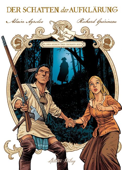 Zwei Figuren im Wald, eine mit Gewehr und Axt, die andere erschrocken. Im Hintergrund eine mysteriöse Gestalt im Umhang.