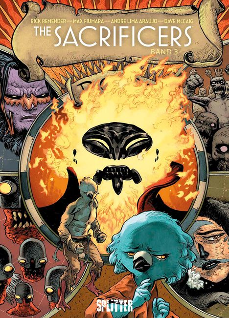 "The Sacrificers, Band 3." Fantasievolle Illustration mit verschiedenen Kreaturen, Flammen und einem blauen Vogel mit menschlichen Zügen.
