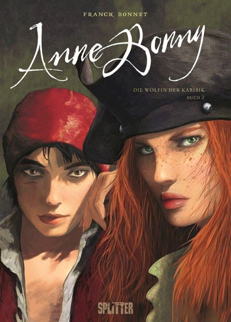 "Anne Bonny", "Die Wölfin der Karibik", Buch 2. Zwei Frauen mit entschlossenem Blick, Piratenhüte, eine mit roten Haaren.