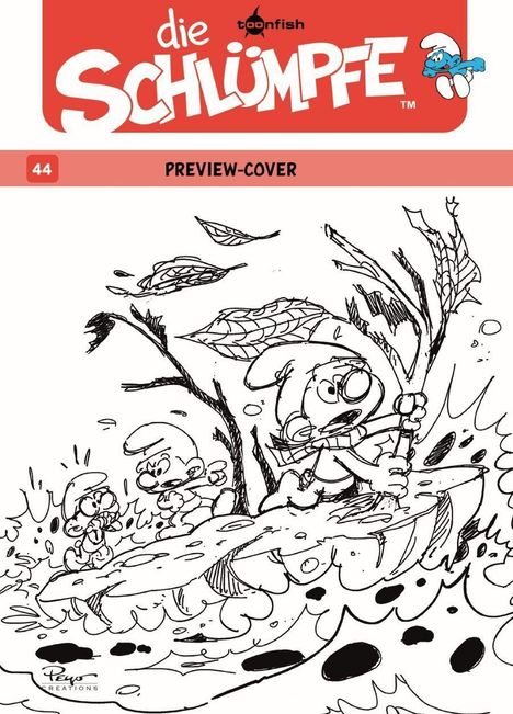 Text: "44", "Preview-Cover", "die Schlümpfe". Schwarz-weiße Illustration von drei Schlümpfen auf einem Blatt im Wasser.