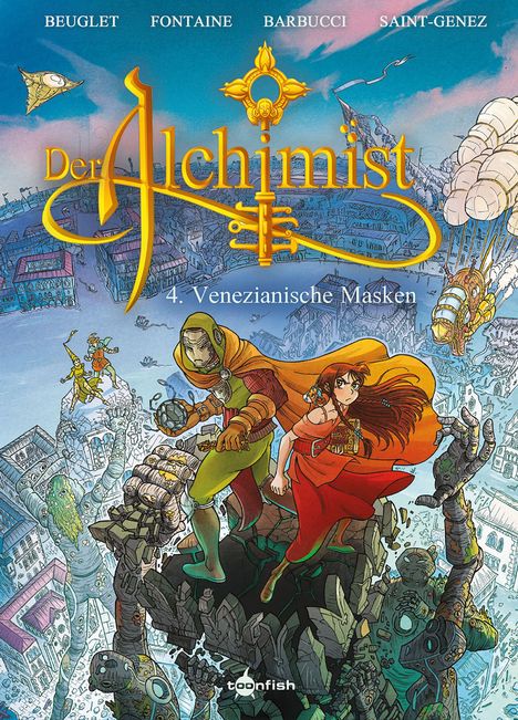 Text: "Der Alchemist 4. Venezianische Masken". Illustration: Zwei Figuren vor einer Stadt, umgeben von magischen Elementen.