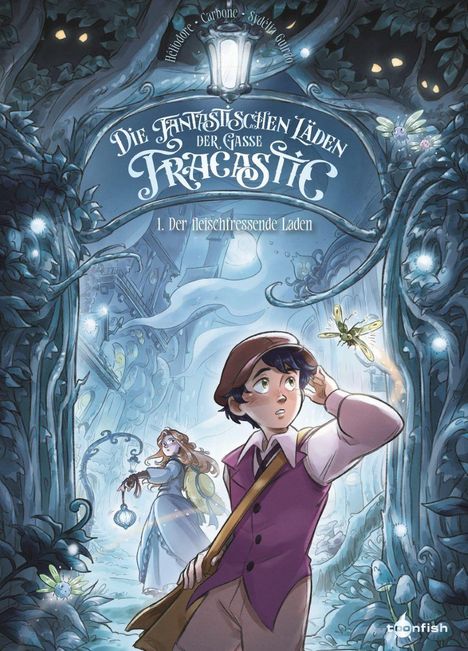 Text: "Die fantastischen Läden der Gasse Tracastle. 1. Der fleischfressende Laden." Illustrative Szene mit Jungen und Mädchen in mystischer Umgebung.