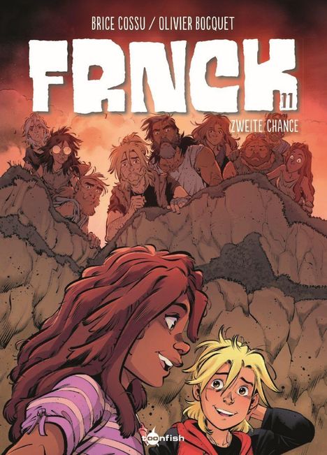 Oben: "BRICE COSSU / OLIVIER BOCQUET", "FRNCK", "ZWEITE CHANCE". Unten eine Illustration von zwei lachenden Personen auf einem Berg.