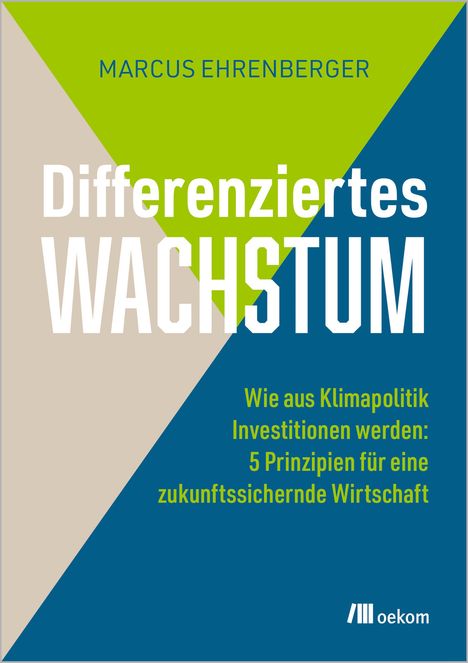 Titel: "Differenziertes Wachstum". Untertitel: "Wie aus Klimapolitik Investitionen werden: 5 Prinzipien für eine zukunftssichernde Wirtschaft". Name oben: Marcus Ehrenberger. Unten rechts ein Logo mit dem Text "oekom". Hintergrund in Dreiecken aus Beige, Hellgrün und Blau.